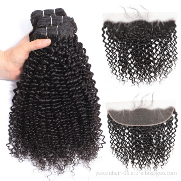 8A Grade Virgin Peruvian Kinky Curly Human Hair Bundles And Pre Plucked Swiss Lace Frontal Closure Free Part